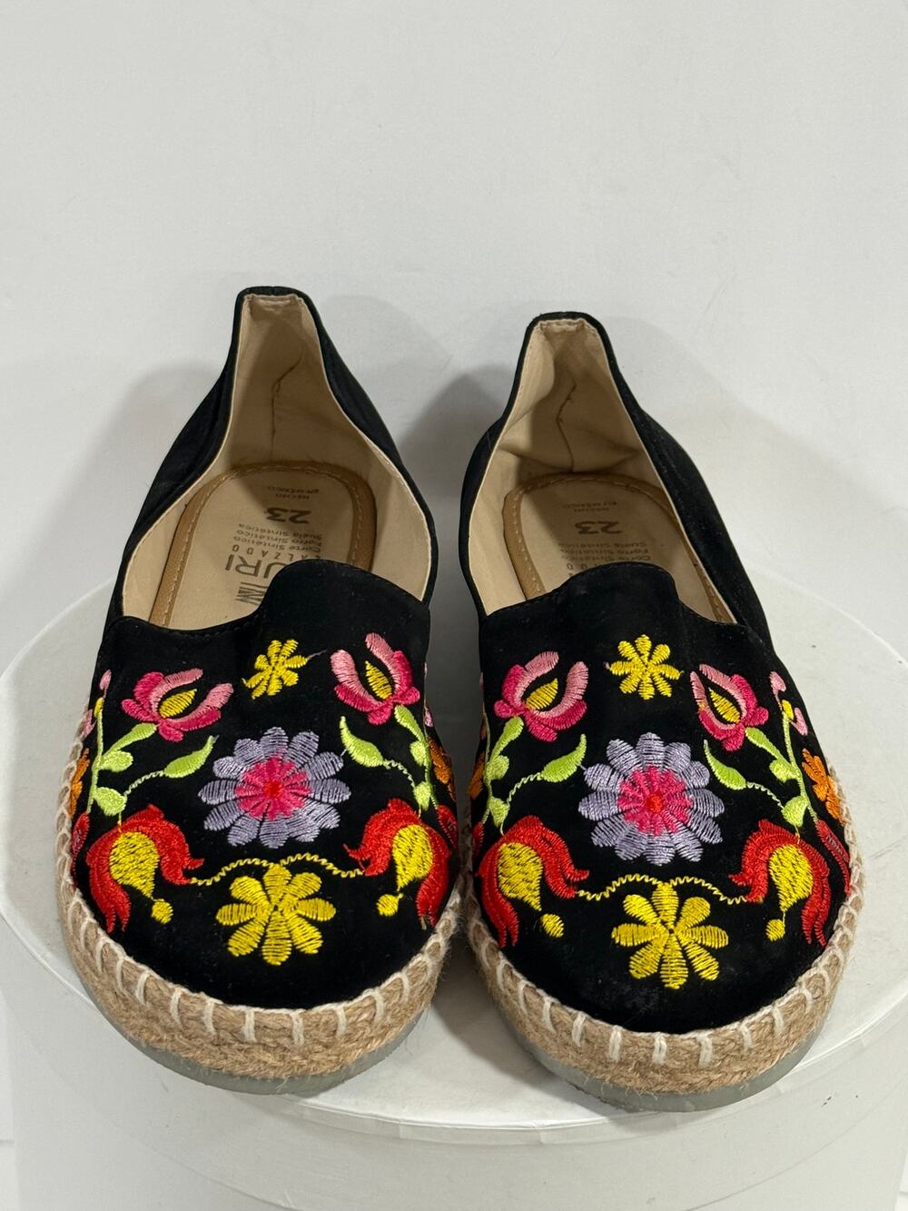 Mexican Floral Embroidered Espadrille Flats Folk Art Festival Shoes Size 6 Black